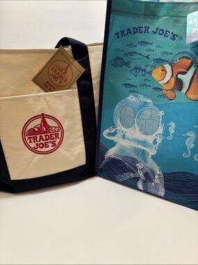 Set of 2 -Navy blue Large canvas and Ocean recycled Trader joe’s bag!